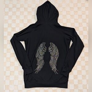 Y2K Black Zip Up Hoodie with Rhinestone Angel Wings Size Large